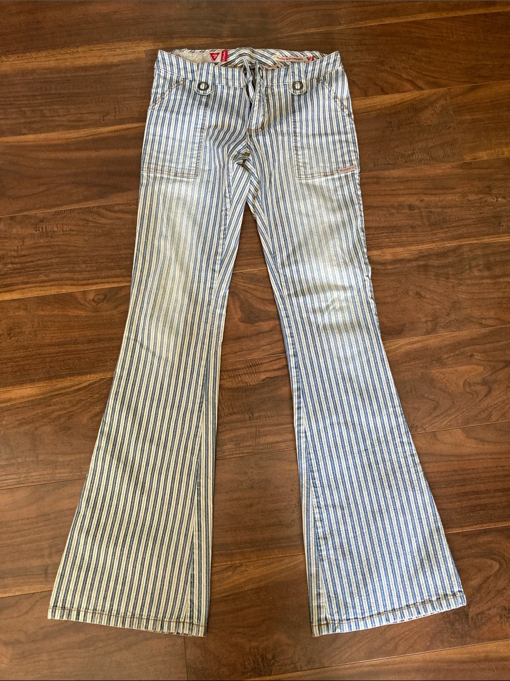 Guess Vertical Blue & White Stripe Flare Jeans